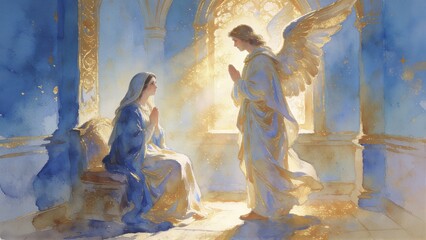 Fototapeta premium Angel Gabriel appearing to young woman Mary in watercolor style. Biblical scene of Annunciation. Holy event of Christian religion with bright light and divine atmosphere in interior.