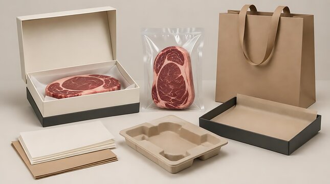 Premium raw beef steak in various eco-friendly packaging sets including elegant gift box, vacuum sealed bag, pulp tray, and paper shopping bag on clean background for food retail and delivery.