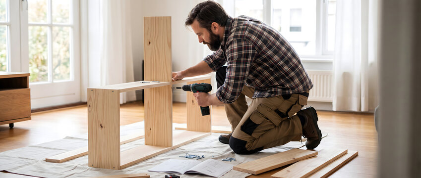 A bearded adult man kneels to assemble wooden furniture using a cordless drill in a bright residential room.