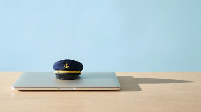 Captain hat on a closed laptop computer representing digital maritime shipping, logistics technology, and online business navigation