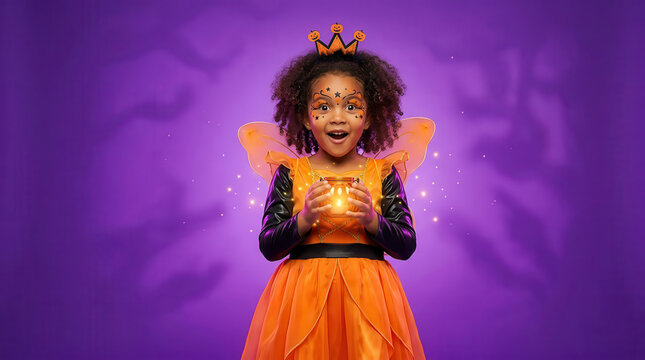 African American child in a whimsical Halloween fairy costume with colorful crown, glowing orange dress and wings, smiling against a purple magical background in a festive spooky seasonal scene