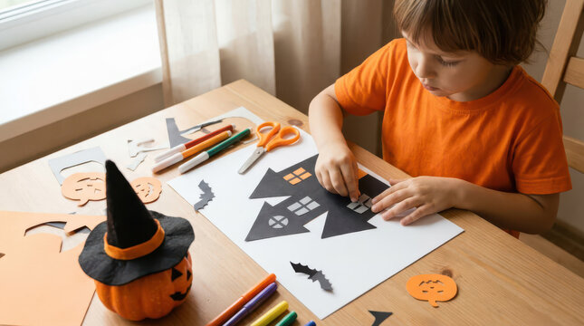 Young child enjoying a Halloween craft project at a home table, making spooky paper decorations with bats and geometric shapes while using colorful pencils, scissors and seasonal witch hat and pumpkin