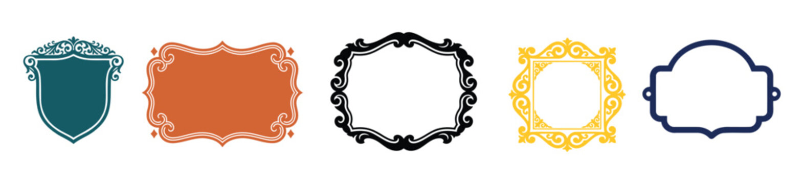 Set of five decorative vintage frames and labels in various shapes and colors