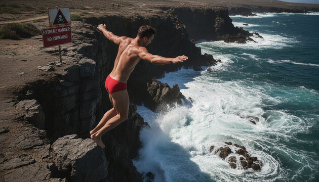 Man jumping from rocky cliff near extreme danger no swimming sign into wavy ocean. Reckless behavior and risk taking. Water safety and drowning prevention awareness concept.