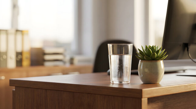 A wooden office desk holds a glass of water and a small succulent plant, with office items in the background.