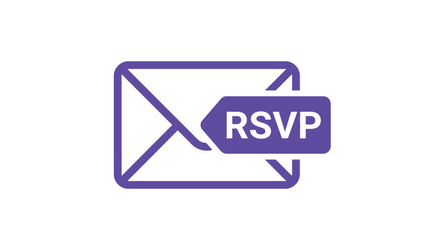 Purple envelope icon with attached rsvp tag designed in a clean minimalist flat vector style