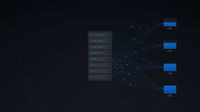 Futuristic visualization of a server rack pulse with glowing light effects representing data restoration, system health monitoring, and network recovery in a digital data center environment