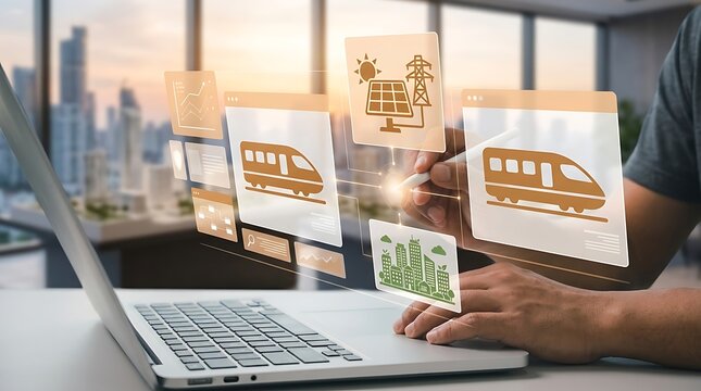 Person using a laptop to interact with digital icons of trains with digital interface