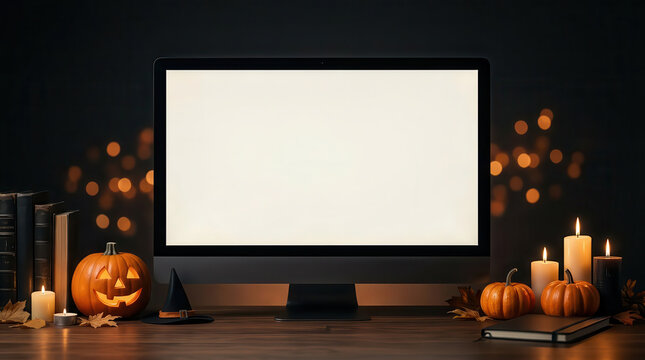 Desktop computer monitor with blank white screen mockup surrounded by Halloween pumpkins and candles on wooden desk, dark moody background with bokeh lights, template for website display