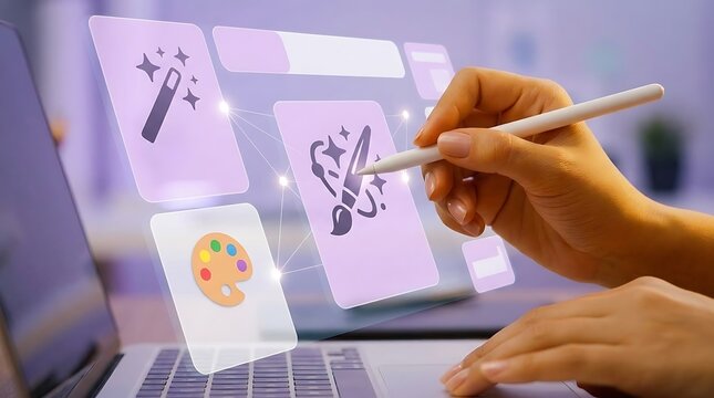 Person using a digital pen to interact with a virtual graphic design interface on a laptop
