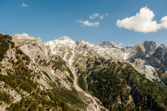 Spectacular mountain landscapes of Valbon Teth in Albania under a clear blue sky