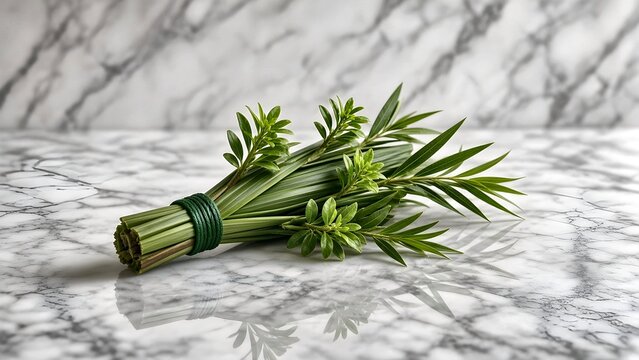 Lulav palm frond bundle with myrtle and willow branches on a white marble background for Sukkot holiday