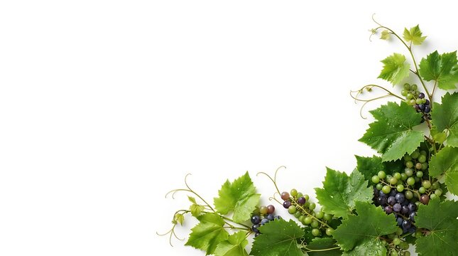 Fresh grape clusters with green leaves on a clean white background during daylight