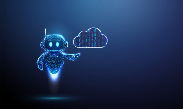 3D blue robot holding data cloud in hand. Cloud computing, data storage, information network, artificial intelligence, digital database, server, connectivity concept