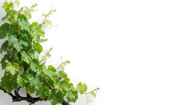 Fresh green grapevine leaves with delicate tendrils on a clean white background with soft natural light