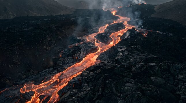 Glowing Lava Flow Moving Through a Dark Volcanic Valley with Dramatic Mountain Terrain