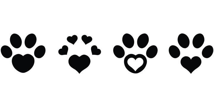 Set of four black pet paw print icons with heart shapes heart shape animal tracks pet lover dog paw cat paw animal footprint heart icon love pets vector illustration black silhouette
