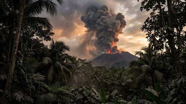 Powerful Volcano Eruption Rising Behind Lush Tropical Trees with Smoke and Fiery Light in the Distance