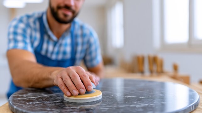 Craftsman polishing a round black marble tabletop in a workshop with a specialized hand tool highlighting manual labor and stone fabrication
