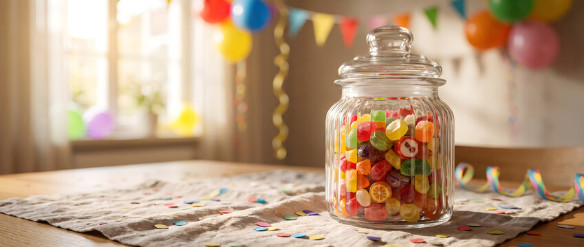 A glass jar filled with colorful candies sits on a wooden table, surrounded by party decorations in a bright indoor room. Confetti and festive elements enhance the celebratory atmosphere.