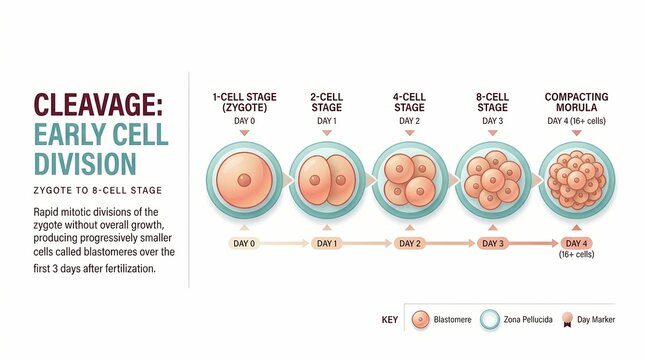 Educational Diagram Showing Early Embryonic Cleavage and Cell Division Stages.