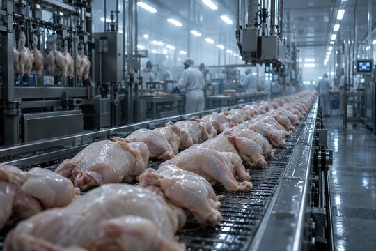 Raw chicken carcasses moving along a stainless steel conveyor belt inside a modern poultry processing plant. Industrial manufacturing.