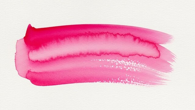 A horizontal bright pink watercolor paint brush stroke with natural water edges and texture against a light background.