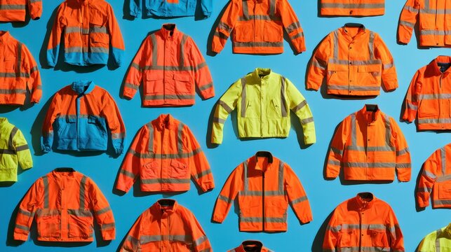 High-visibility safety jackets in fluorescent orange and yellow with reflective stripes evenly arranged on bright blue background for workwear concept
