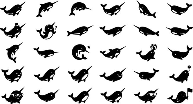 Narwhal Character Icon Set &ndash; Silhouette Style. Covers unicorn whale, arctic sea mammal, tusked whale & more. Solid black glyph, transparent background.
