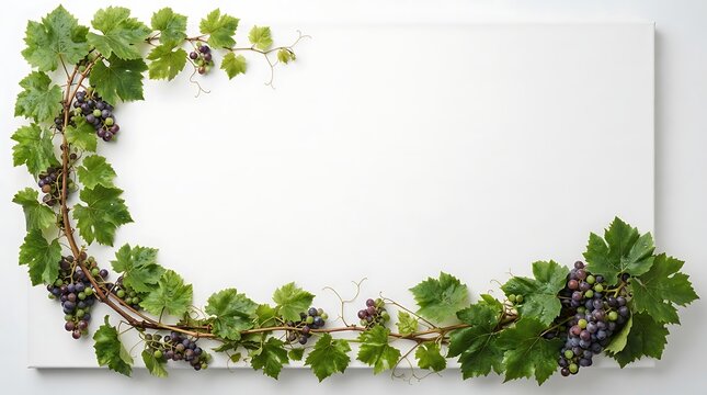 Purple grapes with green leaves in a decorative border on a white background with copy space for text