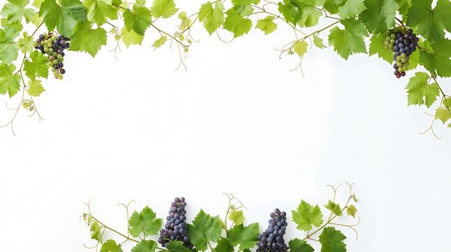 Ripe dark grapes with green leaves framing a white background during daylight for organic concept