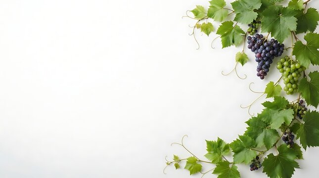 Ripe grapes and green leaves on a white surface with copy space in natural light for organic food branding