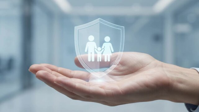 Hand Protecting Family Visualizing Shield Icon In Modern Lighted Space