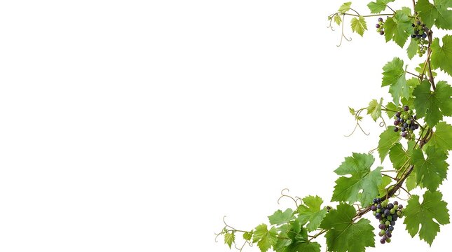 Vine branch with green leaves and ripening grapes in bright natural light with copy space
