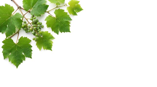 Young green grapes on a vine with leaves against a clean white background in soft natural light