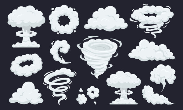 Cartoon explosion cloud and tornado smoke set. White mushroom cloud blast, smoke rings, steam puffs, wind hurricane swirls and dust effects. Comic explosion animation vector illustration set.