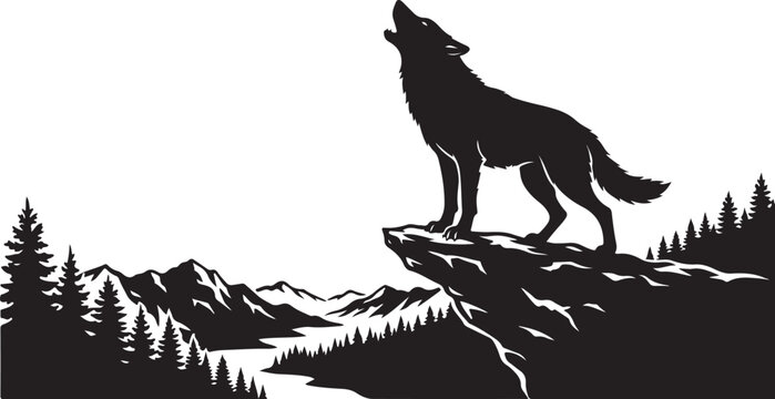 Howling wolf on cliff edge wild wilderness predator solid black vector silhouette