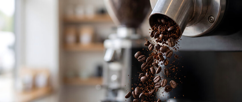 Roasted coffee beans and fine grounds fall from a metal grinder spout in a blurred cafe interior, close-up shot.