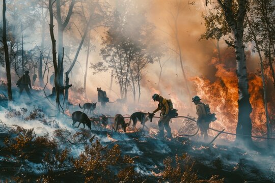 Firefighters rescuing animals from a forest fire