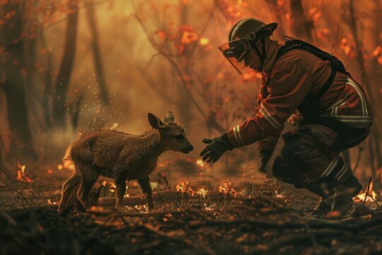 Firefighters rescuing animals from a forest fire