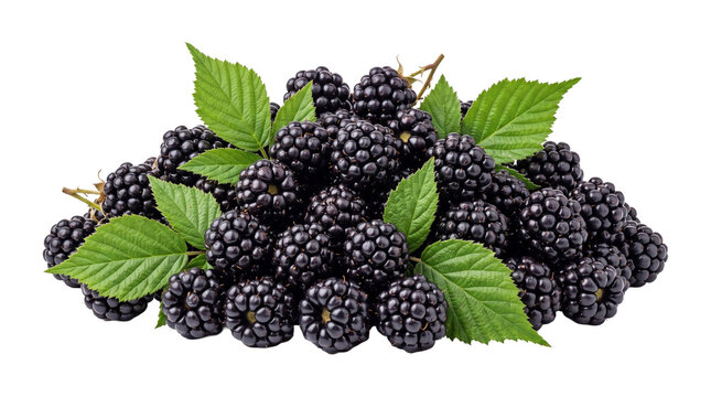 Fresh black blackberries group with green leaves and stems perfect for organic food packaging designs.