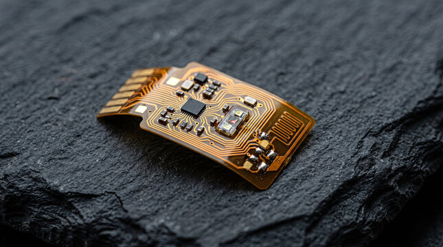 Flexible Printed Circuit Board Microchip on Slate Stone Surface