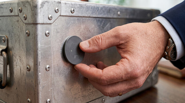 Hand Adjusting Circular RFID Tracking Tag on Industrial Metal Vault