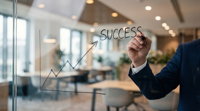 Business success growth chart drawn on glass, professional hand writing success with upward arrow, corporate financial progress concept