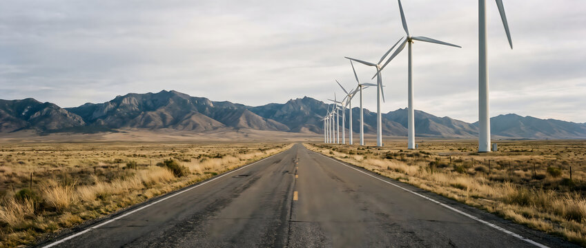 A straight paved road runs through arid grassland, lined with wind turbines, backed by distant mountains under an overcast sky.