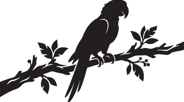 Tropical parrot bird perched on branch jungle wildlife solid black vector silhouette