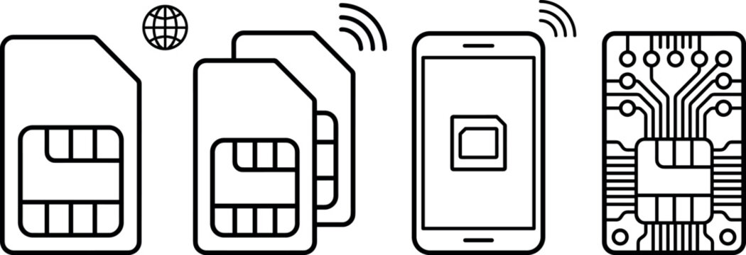 Vector outline icons set of sim cards smartphone mobile connection wireless network signals and electronic circuit board microchips