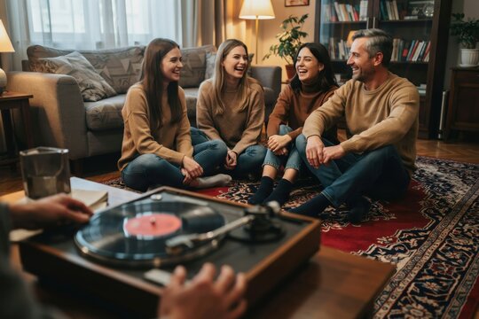Happy family sitting on the floor listening to music on a vintage record player