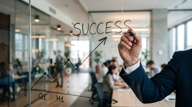 Business success growth chart drawn on glass, corporate executive hand writing success with marker, modern office background