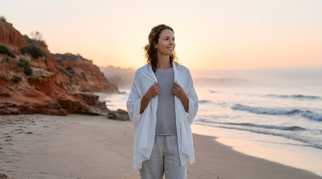 Serene woman beach, standing in soft morning light with white shawl, linen clothes coastal rocks sand, sunrise ocean horizon scenic shore, wellness travel advertising marketing media campaign and